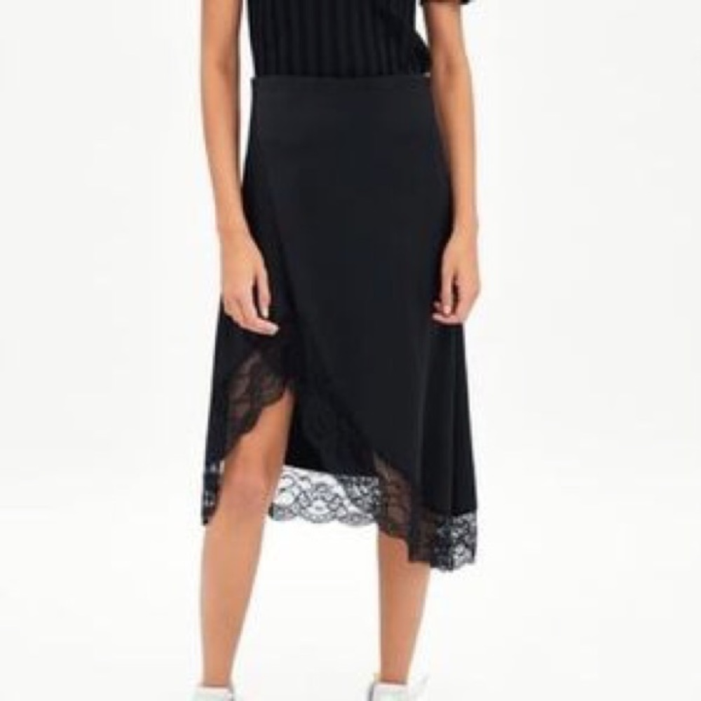 Zara Satin and Lace Black Midi Slip Skirt